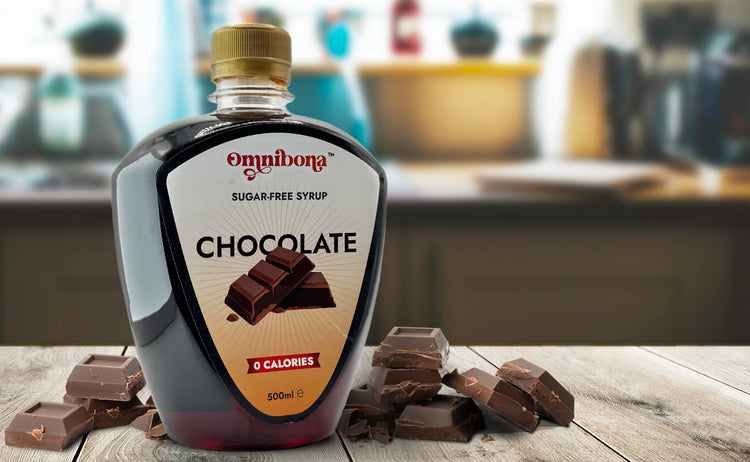 OmniBona's Sugar-Free Chocolate Syrup on a table 